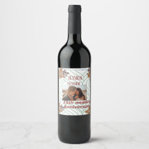 Custom photo ,gold floral 25th wedding anniversary wine label
