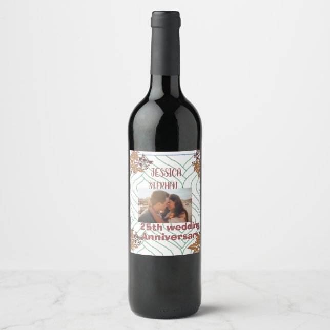 Custom photo ,gold floral 25th wedding anniversary wine label (Front)