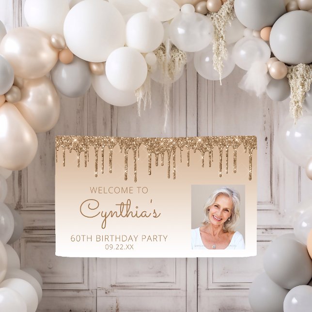 Custom Photo Gold Glitter Drip 60th Birthday Party Banner (Creator Uploaded)
