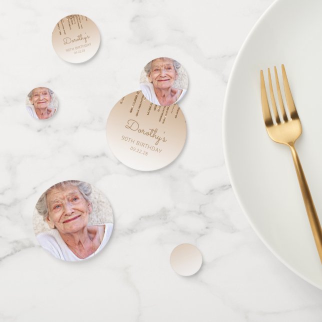 Custom Photo Gold Glitter Drip 90th Birthday Confetti (Group)