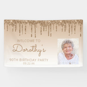 Custom Photo Gold Glitter Drip 90th Birthday Party Banner