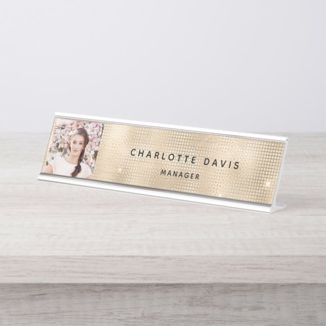 Custom photo gold monogram modern desk name plate (Front)