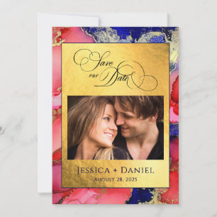*Custom Photo Gold Red Blue Wedding Flat Save The Date