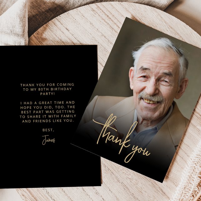 Custom Photo Gold Script 80th Birthday Party Thank You Card (Creator Uploaded)