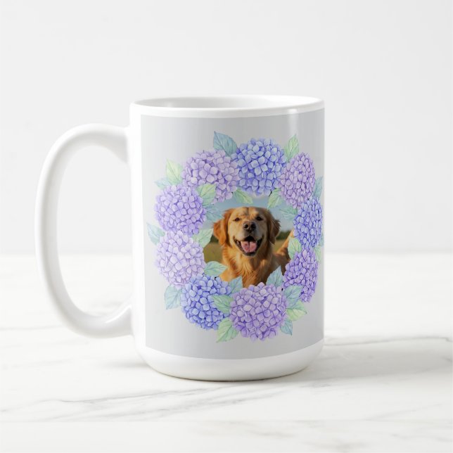 Custom Photo Golden Retriever Hydrangea Wreath Coffee Mug (Left)