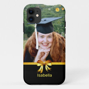 Custom photo & golden ribbon on black iPhone 11 case