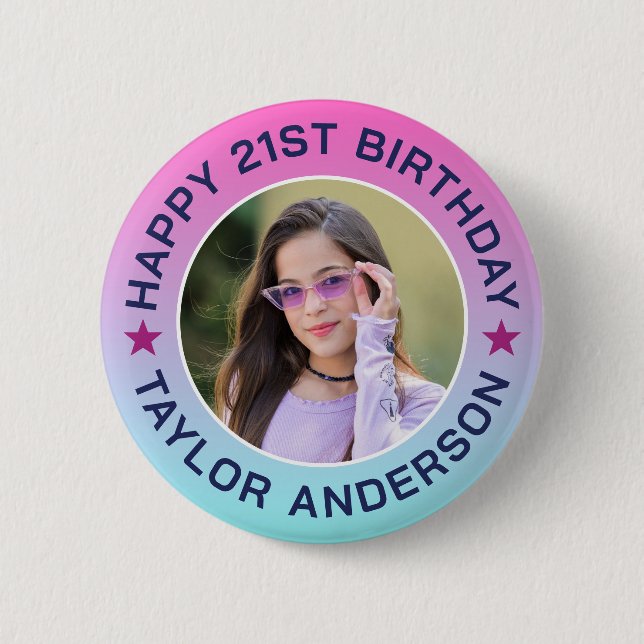 Custom Photo Gradient Pattern Retro Happy Birthday 6 Cm Round Badge (Front)
