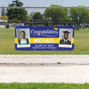 Custom Photo Graduation Banner, Blue Then and Now Banner