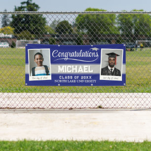 Custom Photo Graduation Banner, Navy Then and Now Banner