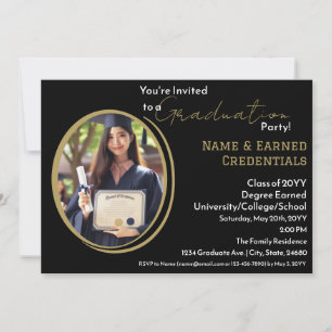 Custom Photo Graduation Black, White & Gold Party  Announcement