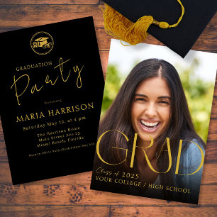 Custom Photo Graduation Gold on Black Invitation