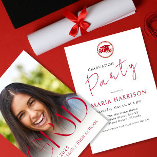 Custom Photo Graduation Red on White Invitation