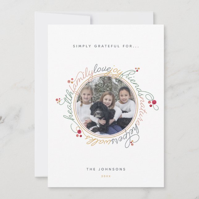 Custom Photo Gratitude Wreath Photo Holiday Card (Front)