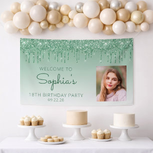 Custom Photo Green Glitter Drip 18th Birthday Banner