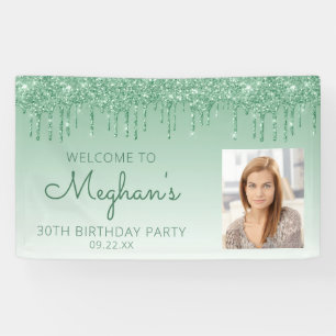 Custom Photo Green Glitter Drip 30th Birthday Banner