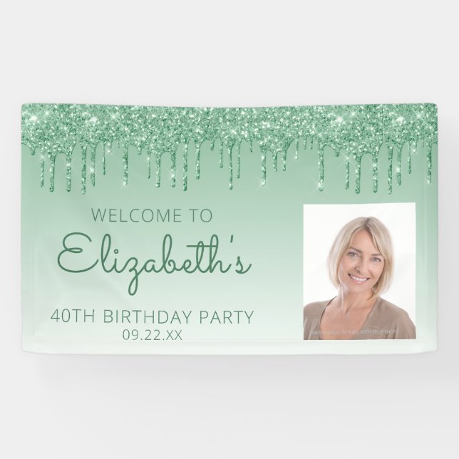Custom Photo Green Glitter Drip 40th Birthday Bann Banner (Horizontal)