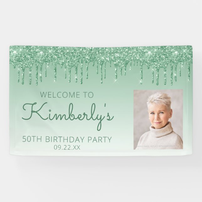 Custom Photo Green Glitter Drip 50th Birthday Banner (Horizontal)