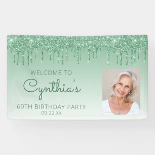 Custom Photo Green Glitter Drip 60th Birthday Banner