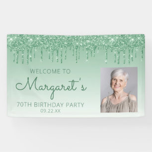 Custom Photo Green Glitter Drip 70th Birthday Banner