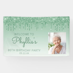 Custom Photo Green Glitter Drip 80th Birthday Banner