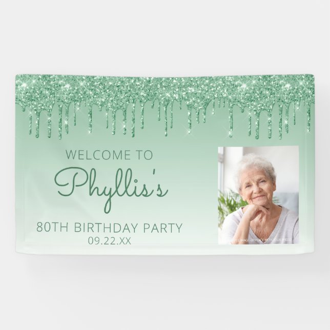 Custom Photo Green Glitter Drip 80th Birthday Banner (Horizontal)