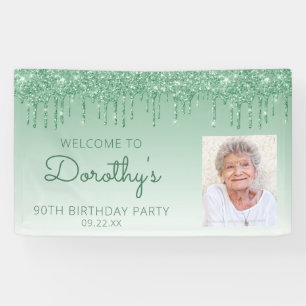 Custom Photo Green Glitter Drip 90th Birthday Banner