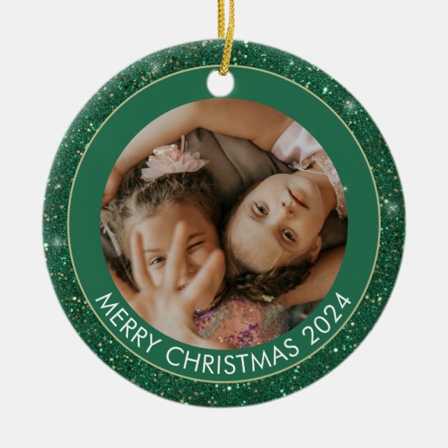 Custom Photo Green Glitter Merry Christmas Ceramic Tree Decoration (Front)