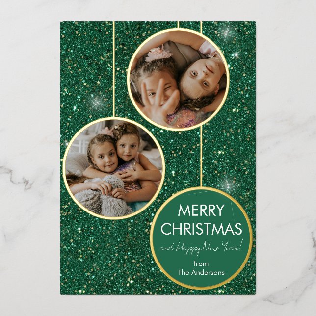 Custom Photo Green Glitter Merry Christmas Foil Holiday Card (Front)