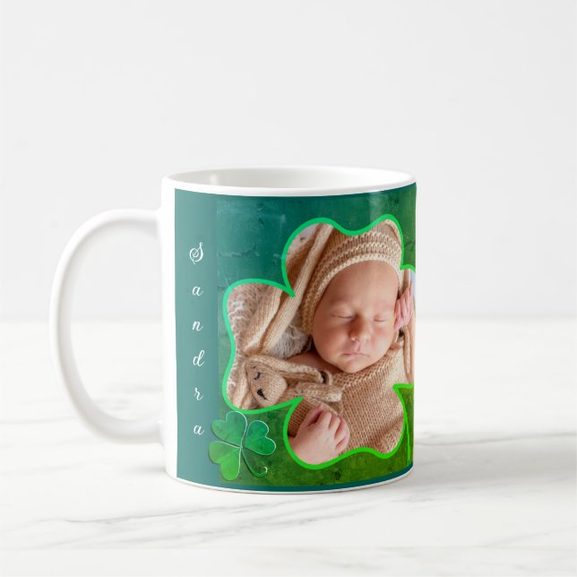 Custom Photo Green St. Patrick's 4Leaf Shamrock  Coffee Mug (Left)