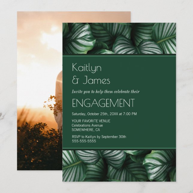 Custom Photo Green Tropical Palm Engagement Party Invitation (Front/Back)