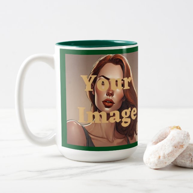Custom Photo Green White Two-Tone Mug (With Donut)
