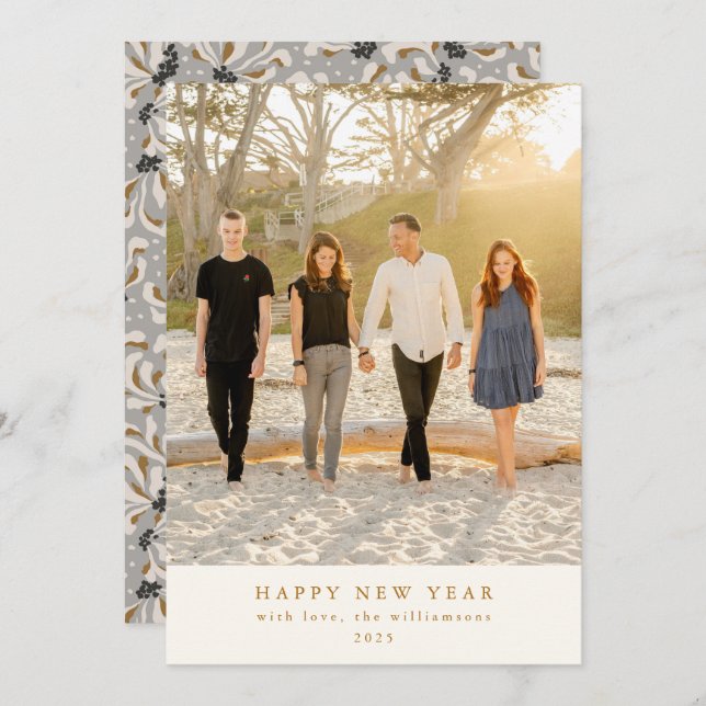 Custom Photo Grey Art Elegant Vertical New Year  Holiday Card (Front/Back)