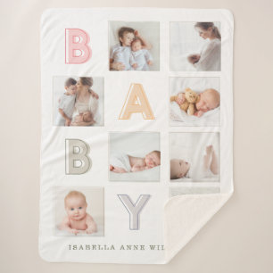 Custom Photo Grid Collage Modern Baby Block Letter Sherpa Blanket