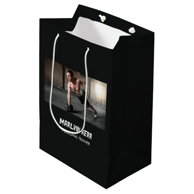 Custom photo gym business grey medium gift bag (Front Angled)
