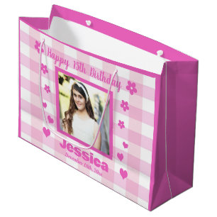 Custom Photo Happy 15th Birthday Pink White Plaid Large Gift Bag