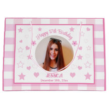 Custom Photo Happy 17th Birthday Pink White Plaid 