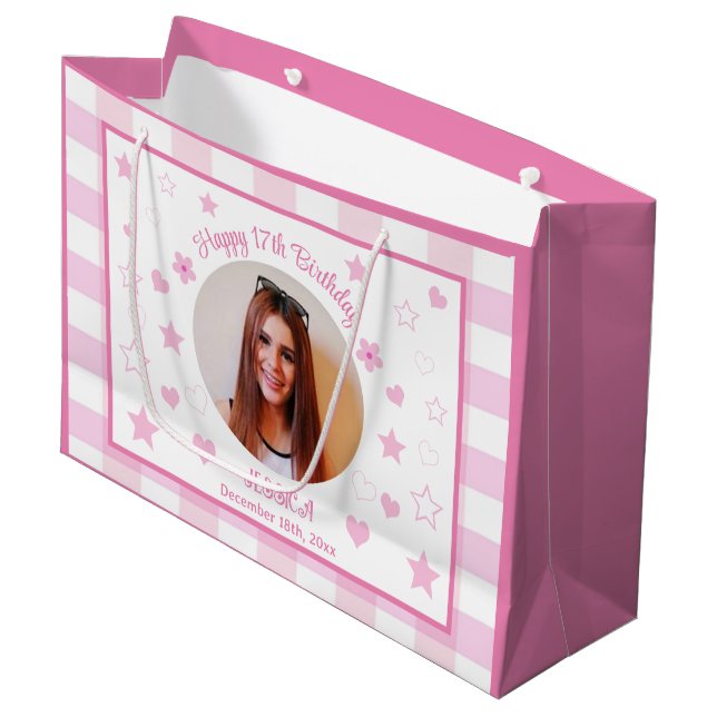 Custom Photo Happy 17th Birthday Pink White Plaid  Large Gift Bag (Front Angled)