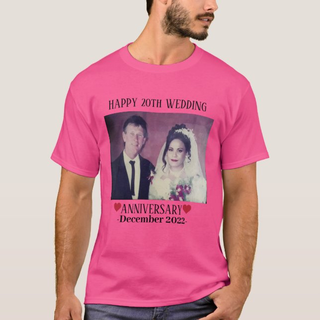 Custom Photo Happy 20th Wedding Anniversary Pink T-Shirt (Front)
