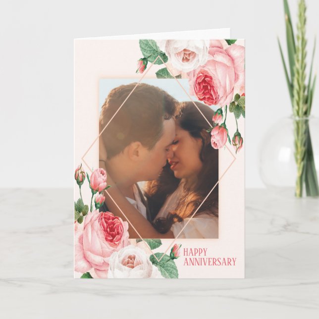Custom Photo Happy Anniversary Roses Greeting Card (Front)
