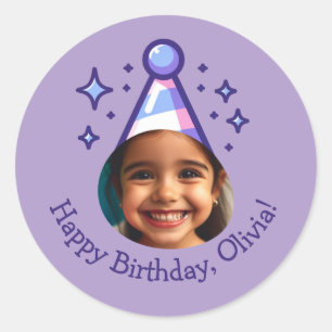 Custom Photo Happy Birthday Party Hat Favours Classic Round Sticker