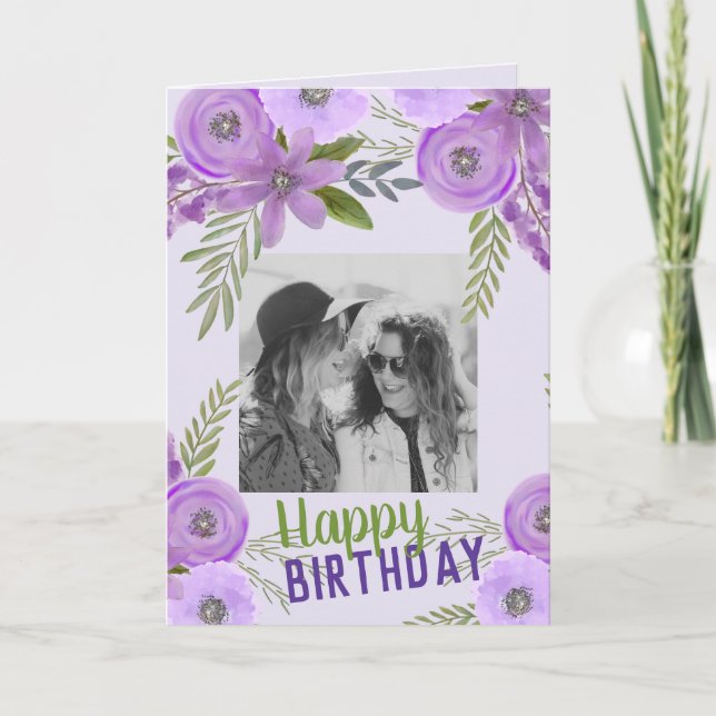 Custom Photo "Happy Birthday" Violet Lavender  Card (Front)