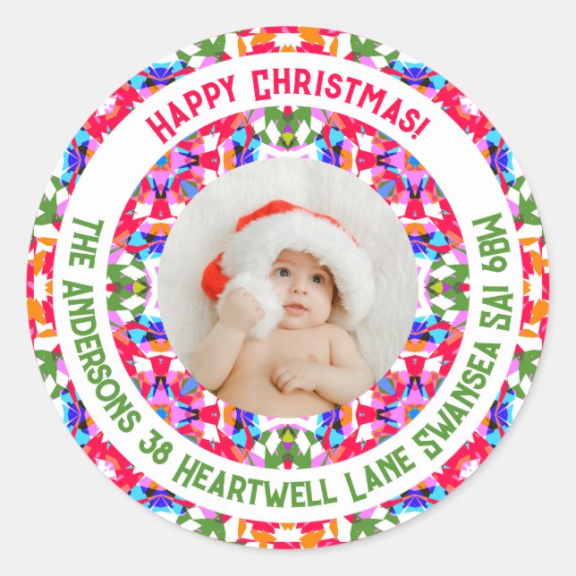 Custom Photo Happy Christmas Colourful Address Classic Round Sticker (Front)