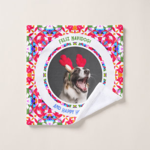Custom Photo Happy Christmas Dog Mum Dad Colourful Wash Cloth