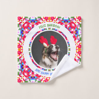 Custom Photo Happy Christmas Dog Mum Dad Colourful Wash Cloth