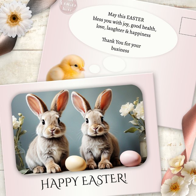 Custom Photo Happy Easter Business  Holiday Postcard (Happy Easter Thank You for your business postcard with custom photo and logo on soft pastel pink)