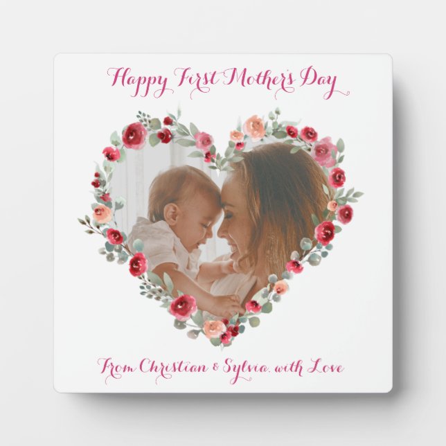 Custom Photo Happy First Mother's Day Floral Heart Plaque (Front)