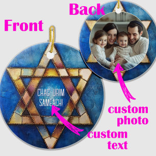 Custom photo Happy Hanukkah✡️, Star of David Ceramic Tree Decoration