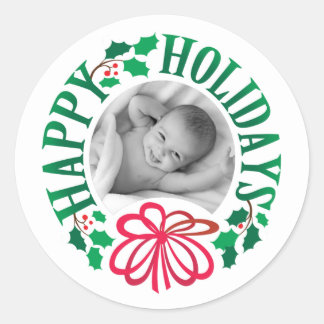 Custom Photo Happy Holidays Typography Wreath Classic Round Sticker