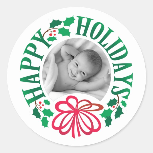  Custom Photo Happy Holidays Typography Wreath Classic Round Sticker (Front)