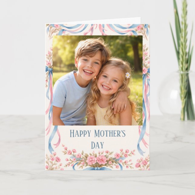 Custom Photo Happy Mother’s Day floral ribbon Card (Front)
